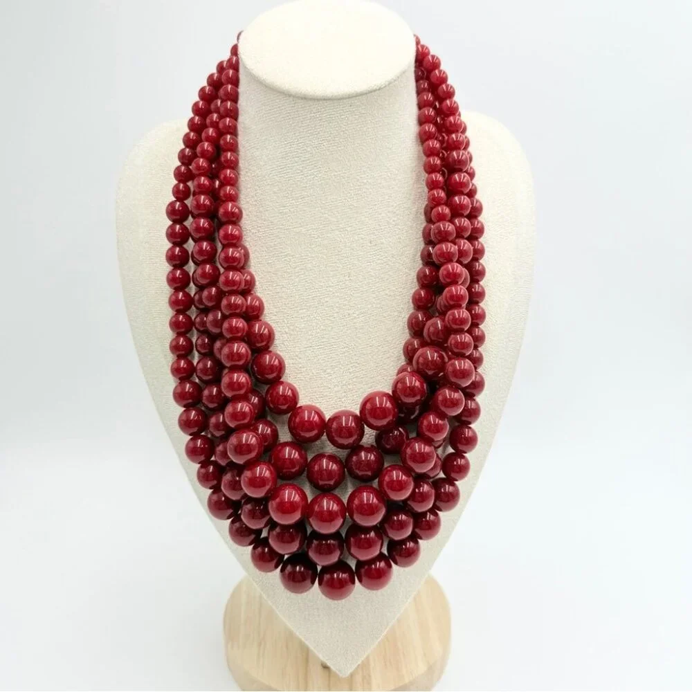 Vintage Red Beaded Multi Strand Statement Necklace Bold Chunky Bib - Picture 1 of 7